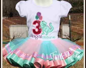 T-Rex Girly Dino with balloons birthday Shirt tutu outfit ribbon trim tutu pastel Embroidered Girl Dinosaur shirt