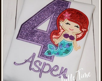 Mermaid birthday shirt with red hair Birthday shirt teal lavender purple glitter Under the sea