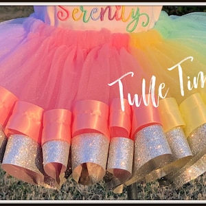 Multi colored satin ribbon trim tutu with glitter, Satin trimmed tutu Birthday tutu,  Pastel ribbon trim with glitter tutu
