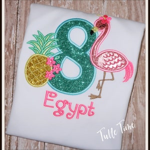 Flamingo pineapple Birthday Shirt, Flamingo Pineapple Embroidered Birthday Shirt, Tropical birthday shirt, Hawaiian Birthday Shirt,