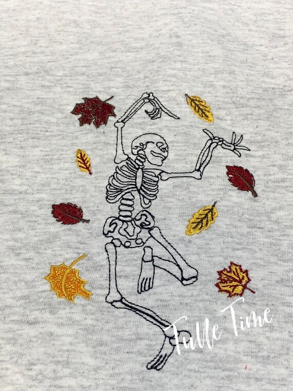 Dancing Skeleton in leaves embroidered Halloween shirt  Fall shirt All sizes long or short sleeve