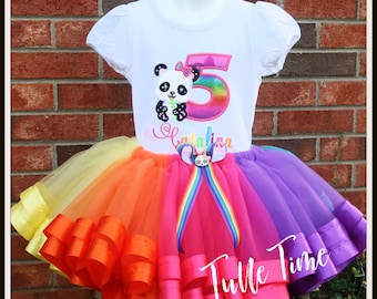 Rainbow Panda birthday outfit shirt ribbon trim tutu dress set party dress