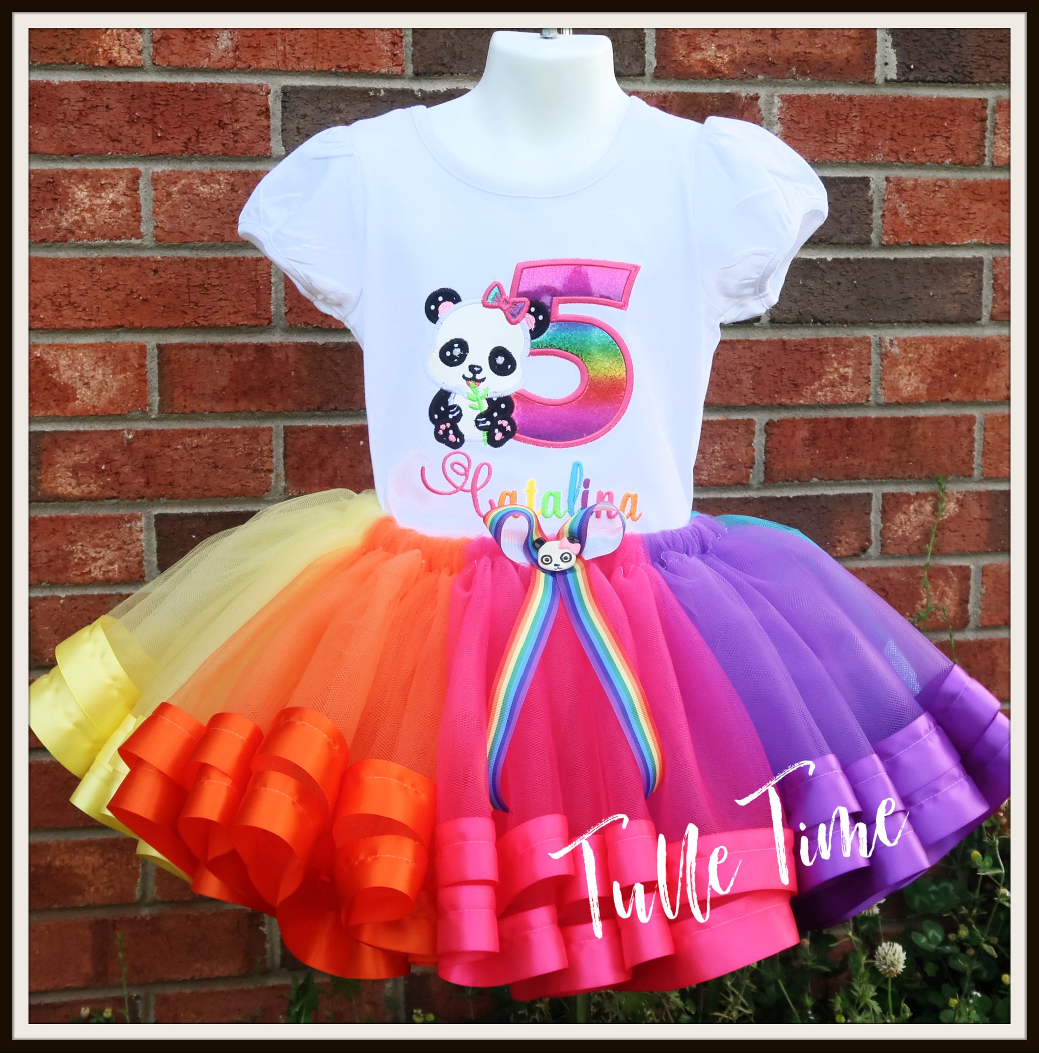 Rainbow Panda Birthday Outfit Shirt Ribbon Trim Tutu Dress Set Party