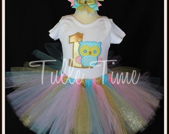 Gold Pink Baby's First 1st birthday Owl theme  bodysuit tutu dress 6-12 months 12 months 18 months