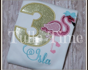 Flamingo birthday shirt  glitter all sizes