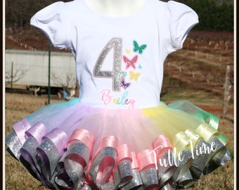 Butterfly birthday outfit, Butterfly Garden birthday outfit, ribbon trim tutu with shirt Pastel Rainbow silver glitter