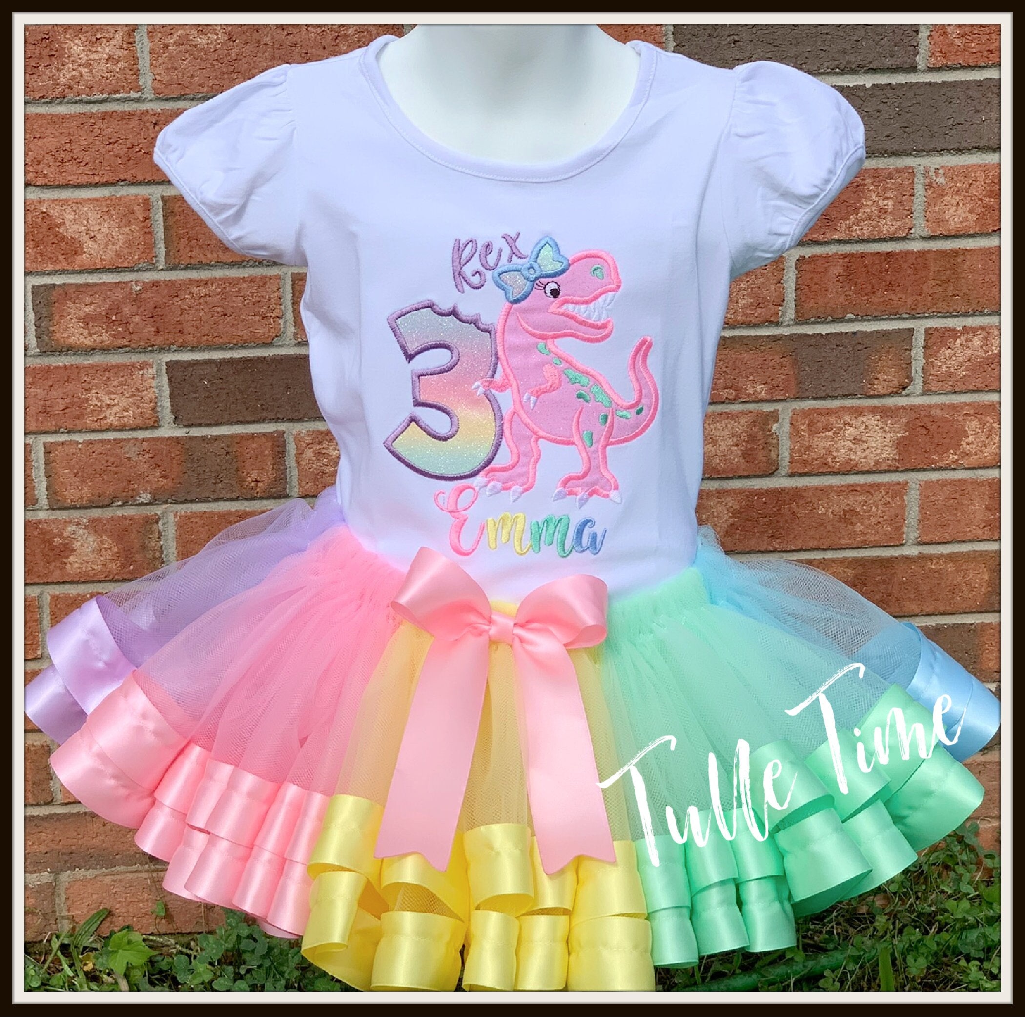 T rex Girly Dino Girly Dinosaur Birthday Shirt Tutu Outfit Ribbon Trim Tutu Pastel Embroidered Girl Dinosaur Shirt Etsy