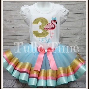 Flamingo  birthday Embroidered shirt ribbon tutu dress options available