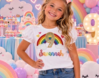 Rainbow birthday shirt, Cloud 9, Embroidered Birthday shirt