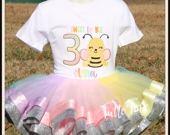 Bee birthday outfit, Bee Rainbow Garden birthday outfit, ribbon trim tutu with shirt Pastel Rainbow silver glitter