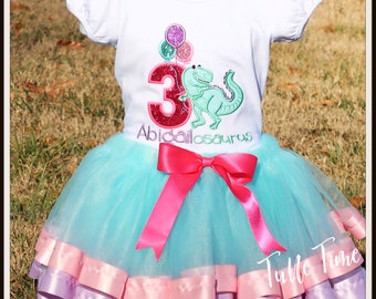 T-Rex Girly Dino with balloons birthday Shirt tutu outfit ribbon trim tutu pastel Embroidered Girl Dinosaur shirt