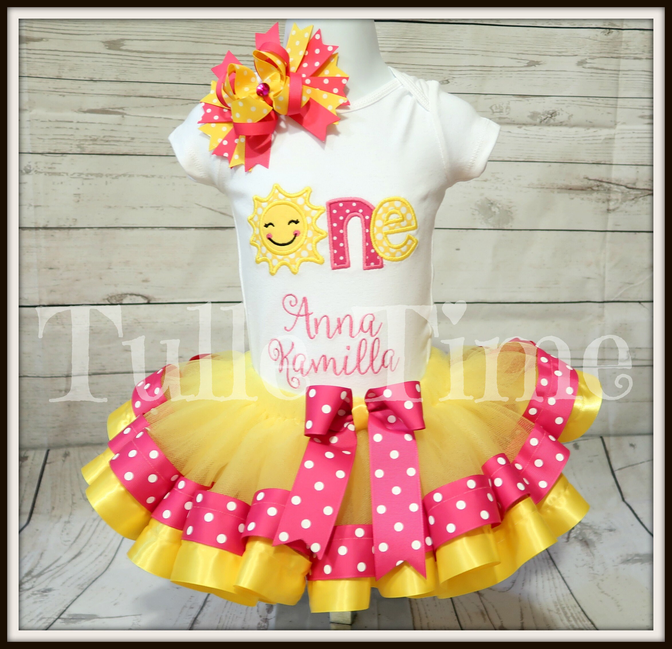 Sunshine Birthday One 1st 2nd Bodysuit Ribbon Trim Tutu Dress Size 6-12M, 12M, 18M, 24M, 2T, 3T, 4T, 5T