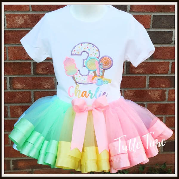 Candy lollipop birthday outfit, ribbon trim tutu, Bubble gum birthday, candy store, sweets Pastel Rainbow birthday outfit