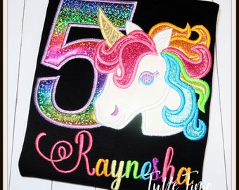 Rainbow Unicorn birthday shirt  5th 6th 7th 8th 9th glitter number