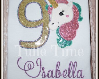 Glitter Unicorn number birthday shirt 1st 2nd 3rd 4th 5th 6th 7th 8th 9th Long or short sleeve