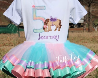 Horse birthday outfit, Pony birthday outfit, Horse ribbon trim tutu with shirt Pastel colors