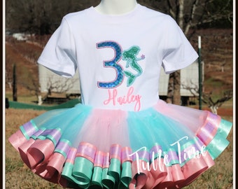 Mermaid birthday outfit, Ocean birthday outfit, ribbon trim tutu with shirt, Aqua pink lavender tutu