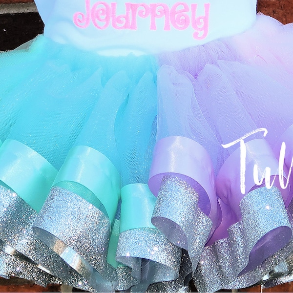 Multi colored satin ribbon trim tutu with glitter, Satin trimmed tutu Birthday tutu,  Pastel ribbon trim with glitter tutu