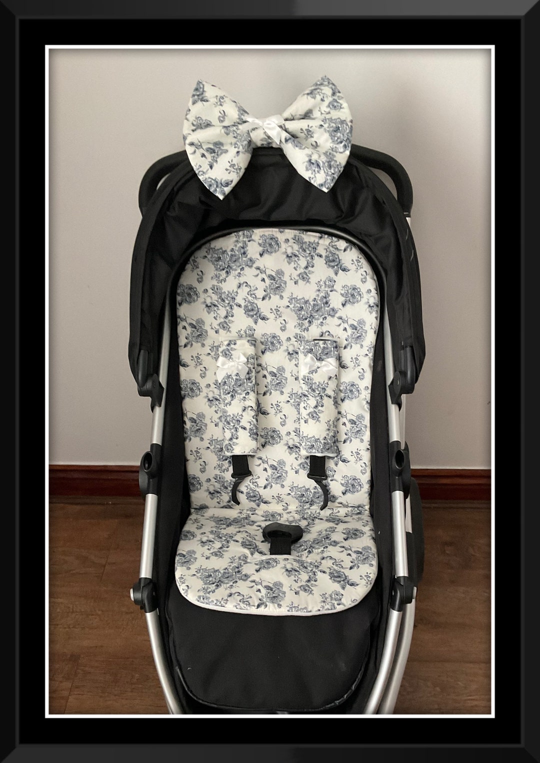 Grey Cream Vintage Floral Pram Pushchair Liner Cotton Fabric Slide