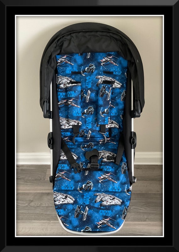 hand made jedi pram pushchair liner cotton black fleece fabric lined slide on harness strap covers padded millenium falcon