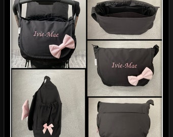 personalised pram baby changing bag diapers nappies  black drill cotton water resistant lined new handmade baby gift shower padded bow