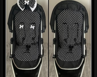 black white dotty pushchair pram liner chest pads  double padded bow fleece handmade hand made new spots spotty stroller