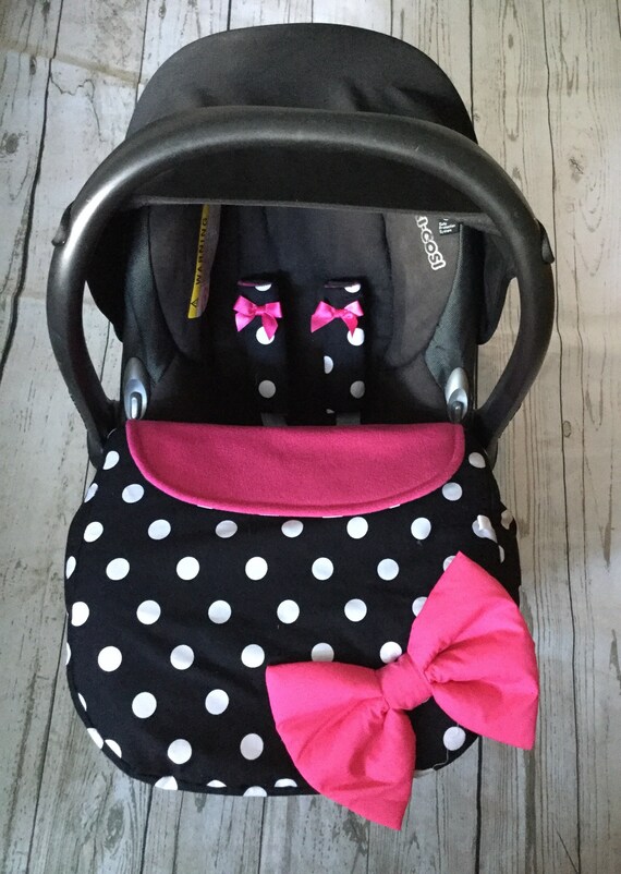 BABY CAR SEAT APRON cover chevrons black white red HARNESS COVERS PADDED BOW