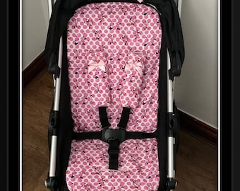 Hand made minnie mouse inspired fabric pram pushchair stroller liner cotton fabric harness strap covers padded bow fleece lined padded