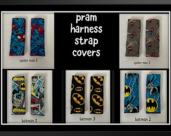 batman spiderman hand made slide on pram harness strap covers pushchair chest pads  baby toddler stroller chest pads super heroes