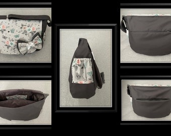 pram baby changing bag diapers nappies floral butterflies grey drill cotton water resistant lined new handmade baby gift shower padded bow