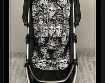 Hand made pram pushchair stroller liner slide on harness strap covers cotton fleece fabric grey black skulls roses gothic