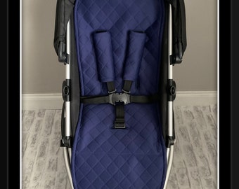 blue quilted effect pram pushchair liner cotton black fleece fabric lined slide on harness strap covers hand made new stroller buggy padded