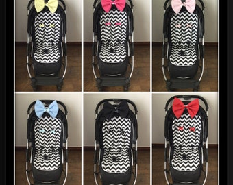 Hand made pram pushchair stroller liner, slide on harness strap covers padded bow black white chevron red blue pink lemon  universal