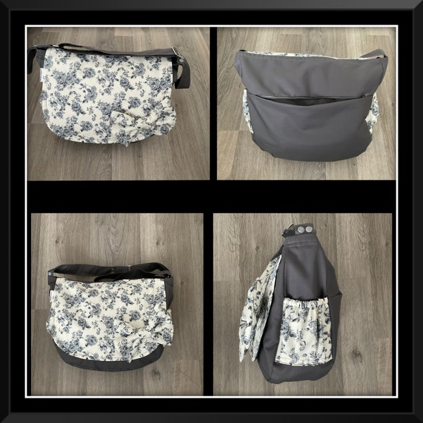 pram baby changing bag diapers nappies grey drill cotton  grey/ cream floral detachable padded bow adjustable strap water resistant handmade