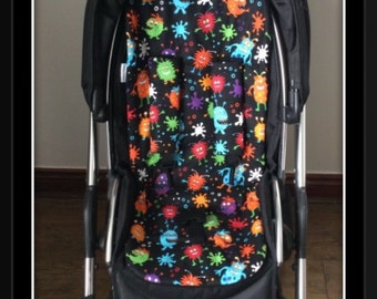 Handmade  little monsters cotton fabric pram pushchair liner slide on harness strap covers  fleece lined stroller buggy chest pads