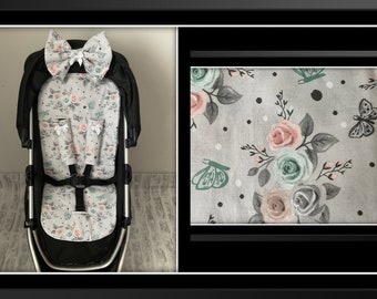 butterflies floral cotton fabric pram pushchair liner slide on harness strap covers padded bow hand made satin bows baby toddler chest pads