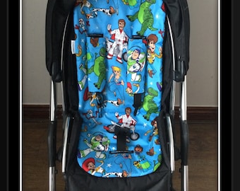 pram seat liner slide on harness strap covers toy story  fabric stroller pushchair hand made padded black fleece lined buzz lightyear new