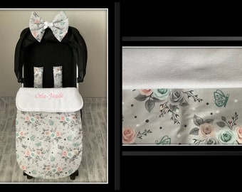 Hand made stay on blanket pram pushchair stroller buggy butterflies roses floral cotton fabric harness strap covers baby shower personalised