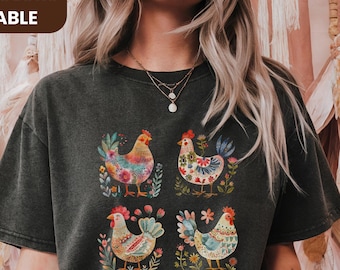 Comfort Colors Wildflower Shirt For Folk Art Chicken Lover Tshirt Cottagecore Tee For Farmer Shirt For Women Gift Idea For Farm Animal Lover