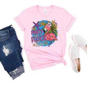 May include: Pink t-shirt with a flamingo graphic and the text "Party like a flock star".
