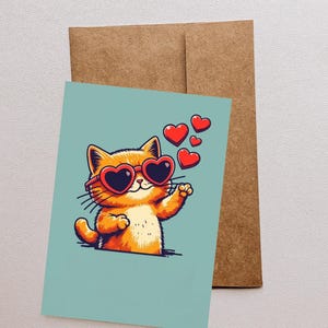 Jolie carte de chat avec des lunettes de soleil coeur | Carte d'amour imprimable | Téléchargement numérique