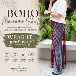 May include: A boho macrame skirt in a deep red color, worn over blue jeans. The skirt features a woven diamond pattern with long fringe. The image includes text that reads "BOHO Macrame Skirt" and "WEAR IT your way". The skirt is handmade, lightweight, and bohemian.