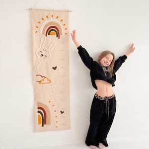 Diagramme de croissance bohème fait main pour enfants - Règle de hauteur brodée pour chambre de bébé, décoration personnalisée pour chambre de bébé, tenture murale écologique, cadeau pour nouveau-né