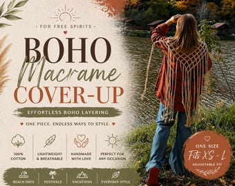 Cubrebaños de macramé estilo bohemio, kimono de playa de algodón hecho a mano, atuendo para festivales, chal hippie con flecos, pareo estilo bohemio para superponer capas.