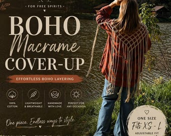 Cubrebaños de macramé estilo bohemio, kimono de playa de algodón hecho a mano, atuendo para festivales, chal hippie con flecos, pareo estilo bohemio para superponer capas.