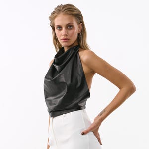 Leather halter top, Genuine leather tops womens, Cowl top women, Leather top ren faire, Leather top festival, Black leather tank top womens