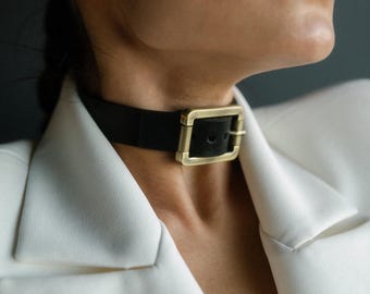 Buckle choker necklace leather, Wide leather choker necklace, Belt choker leather, Bondage choker, Punk leather choker, Black leather choker