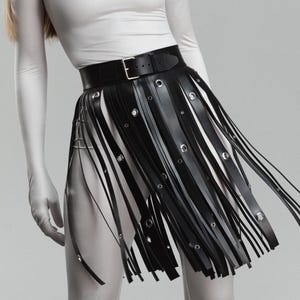 Real leather fringe skirt, Leather fringe belt, Womens fringe skirt, Harness skirt leather, Leather tassel skirt, Black fringe skirt