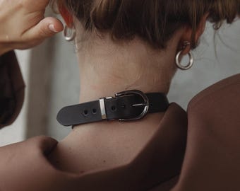 Leather buckle choker, Genuine leather choker collar, Leather choker collar harness, Handmade leather choker, Leather day collar for women