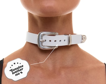 Real leather choker, Leather belt choker, Thick leather choker, Leather choker necklace for women, White leather choker with buckle